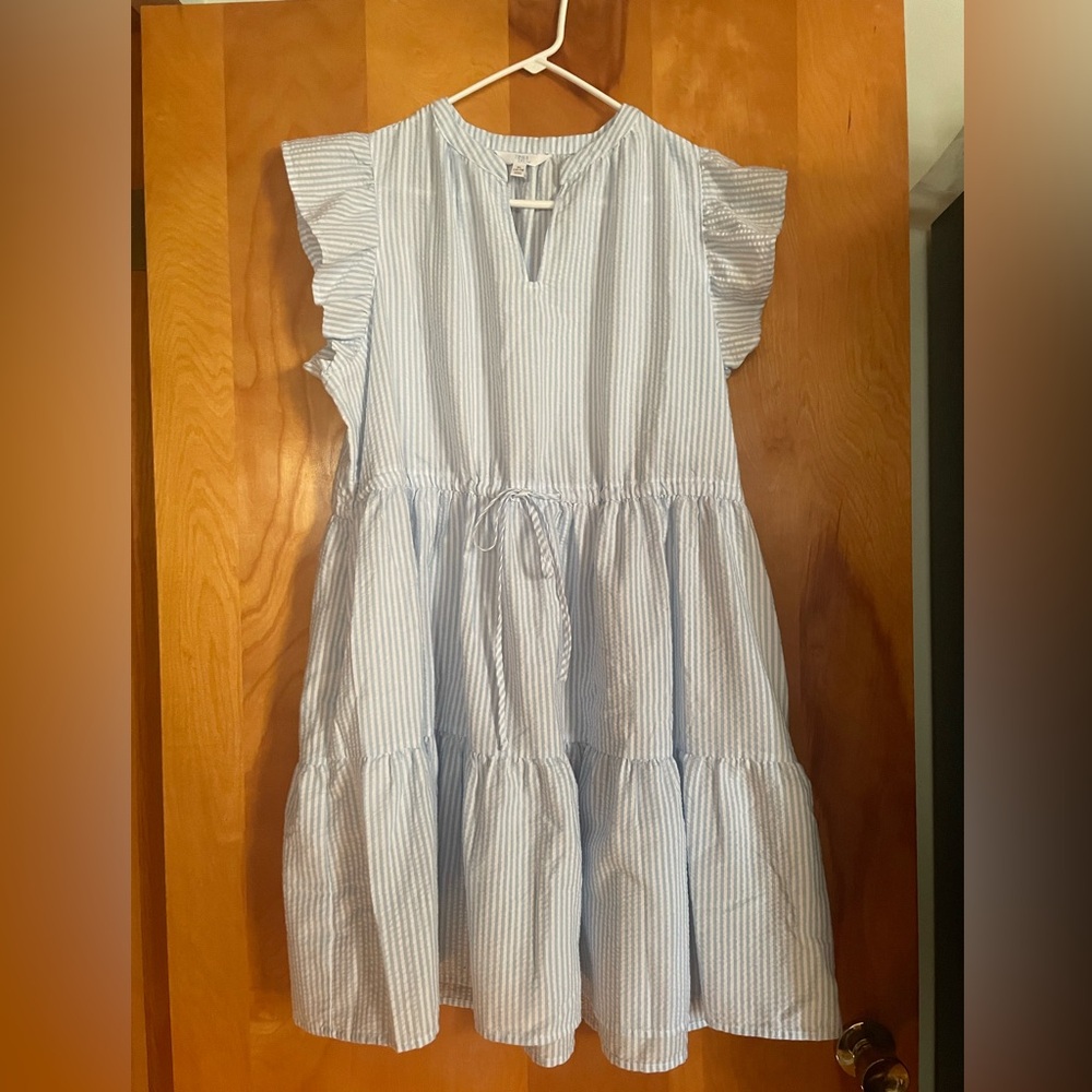 White and Blue Stripe Dress with Flutter Sleeves Size 16-18 XL NEW